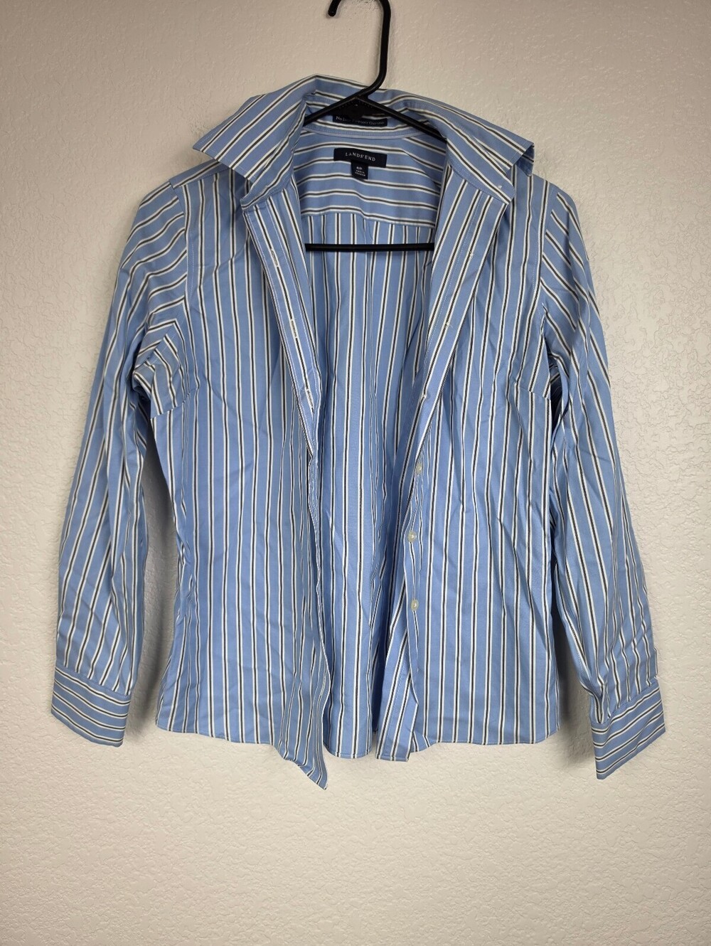 Lands' End No Iron Point Oxford Shirt 6P Blue Stripe Cotton